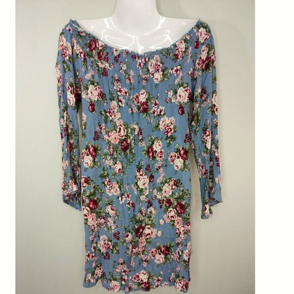 No Comment Blue Floral Mini Dress Smocked Shoulder Bell Sleeve Size L - Picture 4 of 8